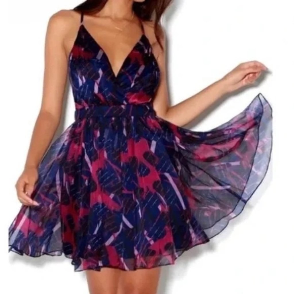 Lulus Women's Sz. Xl Britannia Navy Blue Print Chiffon Skater Dress
